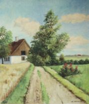 CHRISTIAN PEDESRSEN (Danish, 20thC) A rural landscape with farm buildings, signed & dated 1963 lower
