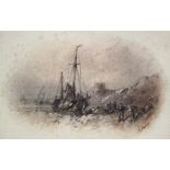 FRANK V. NORIE. A three-masted vessel wrecked on a rocky shore, signed; watercolour: 5¼" x 7¼"; &