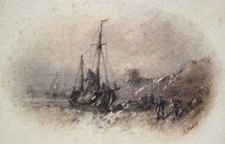 FRANK V. NORIE. A three-masted vessel wrecked on a rocky shore, signed; watercolour: 5¼" x 7¼"; &