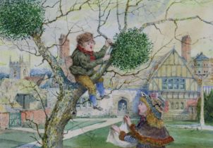 A pair of naïve watercolour sketches of children picking mistletoe, & a friar with animals at a