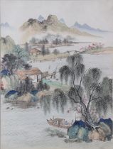 A Chinese watercolour painting on paper depicting a mountainous river landscape, signed &