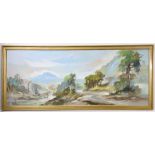 An extensive mountainous river landscape, Oil on canvas, signed indistinctly, & in painted