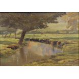 A small oil on panel of a river landscape with cattle in the distance, signed & dated “C. Pearson