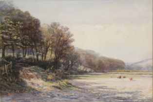 LINDER, G.M. (exhib. 1887-9) A wooded landscape with cattle grazing in a water meadow, signed;