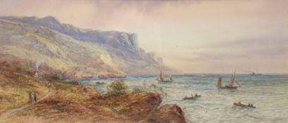 LENNARD LEWIS (1826-1913) Fishing vessels & a trawler in a bay, figures on the cliff-top path,