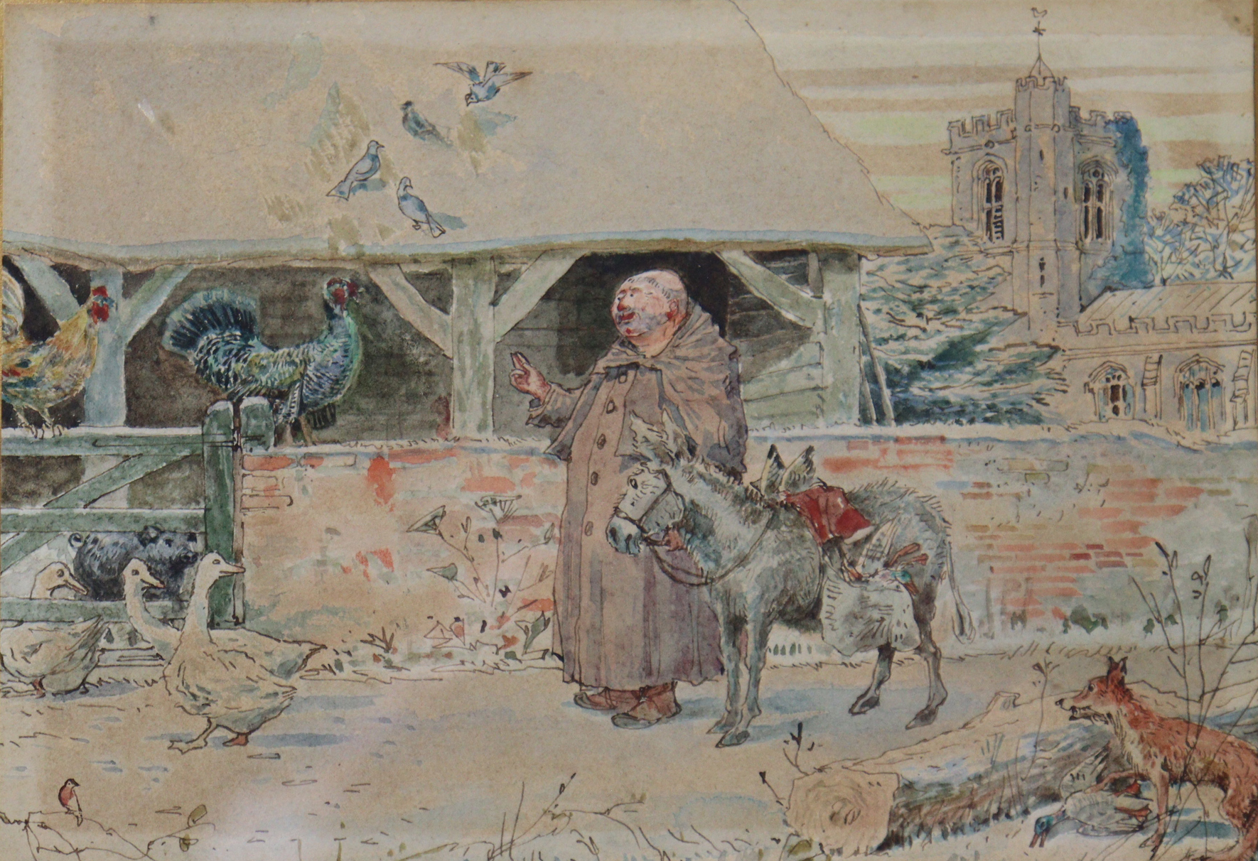 A pair of naïve watercolour sketches of children picking mistletoe, & a friar with animals at a - Image 2 of 3