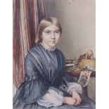 ENGLISH SCHOOL, mid/late-19th century. A portrait of a young lady, seated half-length in a room