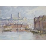 ENGLISH SCHOOL, 20thC. A view of Lincoln harbour with the Cathedral in the distance, Watercolour: 32