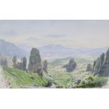 An extensive Mediterranean landscape with rocky outcrops & mountains in the distance, signed