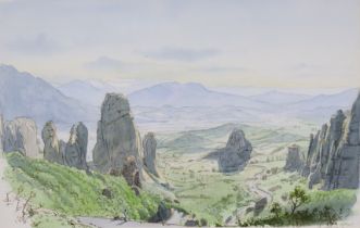 An extensive Mediterranean landscape with rocky outcrops & mountains in the distance, signed