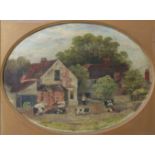 A. FINLAYSON (mid-19th century). A naïve study of a farmstead with figures & cattle. Signed,