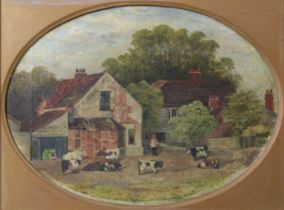 A. FINLAYSON (mid-19th century). A naïve study of a farmstead with figures & cattle. Signed,