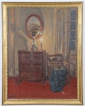 AAGE LUND (1892-1972) A room interior with chest-of-drawers & an armchair, Signed lower left, Oil on