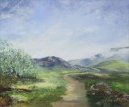 SHIELA RAHILL (Irish, 20th century) A rural mountainous landscape, signed lower right, Oil on board: