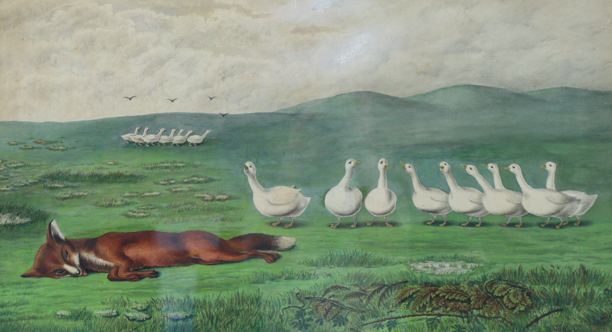 ENGLISH SCHOOL, early 20th century. A watercolour painting depicting The Fox and the Geese fairytale