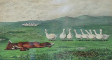 ENGLISH SCHOOL, early 20th century. A watercolour painting depicting The Fox and the Geese fairytale