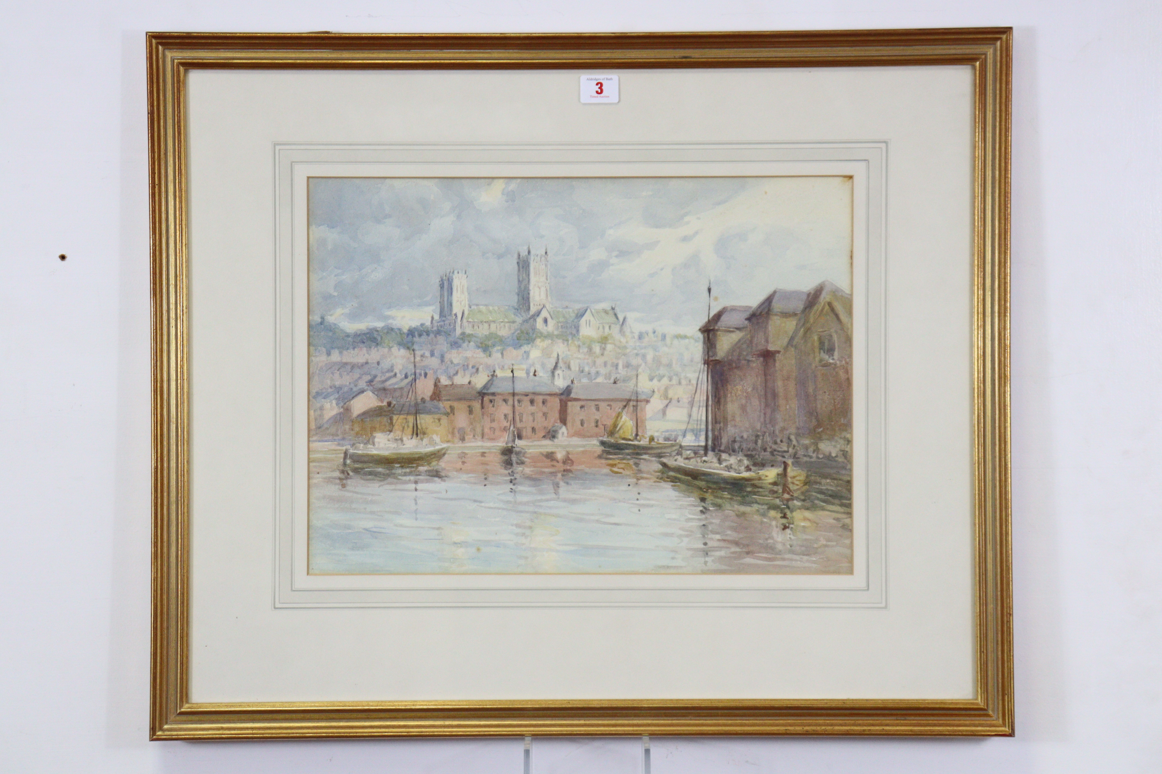 ENGLISH SCHOOL, 20thC. A view of Lincoln harbour with the Cathedral in the distance, Watercolour: 32 - Image 3 of 4