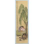 Two Chinese watercolour scroll paintings, swallows perched amongst blossoming trees & horses under a