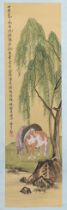 Two Chinese watercolour scroll paintings, swallows perched amongst blossoming trees & horses under a