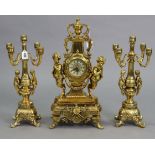 A 19th century-style gilt composition clock garniture comprising of a lyre-shaped clock with figural