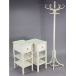 A bentwood white painted hat & coat stand, 74” high; & a pair of white-finish bedside tables, 13¼”