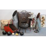 Three sets of Lignum Vitae lawn bowls; a vintage smoker’s companion; a firescreen; & sundry other