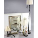 A gilt frame rectangular wall mirror, 37” x 25”; together with a standard lamp, & four table lamps.