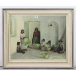 A large coloured print after Gerald Kelly depicting numerous Spanish peasants, signed, 21¼” x