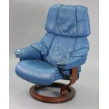 A Stressless blue leatherette swivel & reclining easy chair.
