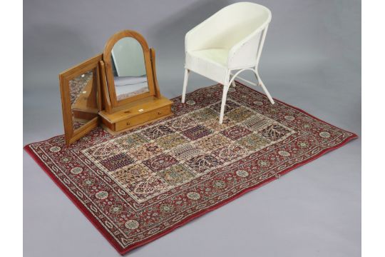 A white painted loom basket chair; two rugs; a pine swing toilet glass; & a pine rectangular - Image 1 of 4