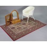 A white painted loom basket chair; two rugs; a pine swing toilet glass; & a pine rectangular