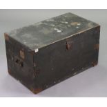 A Late 19th/early 20th century brass-studded & black painted deal travelling trunk with a hinged