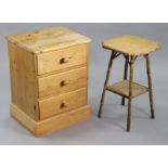 A pine three-drawer bedside chest, 21” wide x 28” high; together with a teak needlework table, 20”