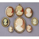 A group of six various cameo brooches in gilt-metal mounts (one hallmarked silver), the largest