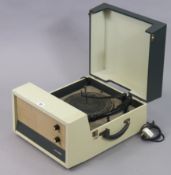 A vintage Murphy portable turntable (Type A426G) in a cream & grey fibre-covered case.
