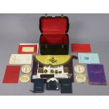 A Masonic regalia apron; & various ditto embroidered cloth badges, books, etc.