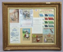 A display of nine various late 19th/early-20th century advertising illustrations, displayed in a