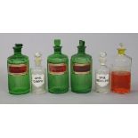 Six various vintage coloured & plain glass apothecary bottles, part w.a.f.