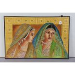 A modern mixed media picture depicting two Indian ladies in traditional dress, signed Nivu & dated