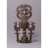 A LATE 17th/EARLY 18th century STEEL & BRASS NUTCRACKER, of ‘thumb-screw’ type, with pierced thumb-