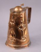An Arts & Crafts copper lidded jug by John Sankey & Sons, with art nouveau embossed decoration to