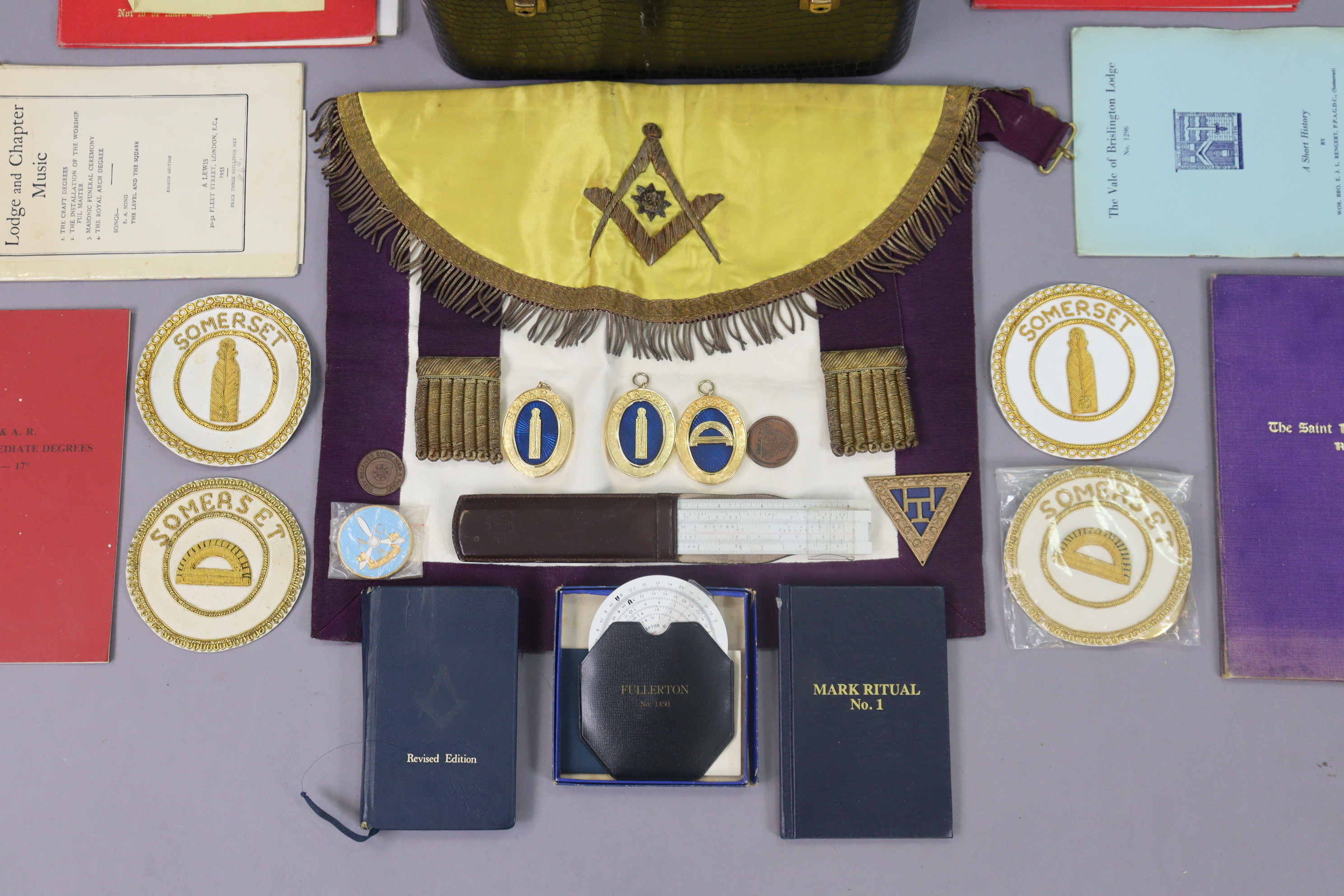 A Masonic regalia apron; & various ditto embroidered cloth badges, books, etc. - Image 2 of 2