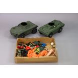 Two Hasbro Action Man figures (both 1964); two Action Man model armoured cars; various other