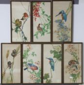 Seven small watercolour paintings by Kay Nixon – all bird scenes, signed, 29cm x 13cm, in matching