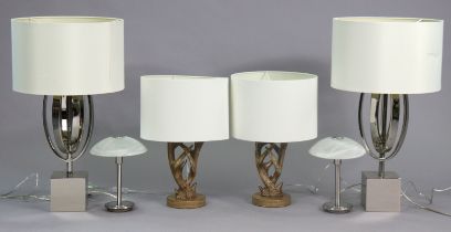 A pair of faux antler table lamp bases, 44cm high; & two other pairs of table lamps.