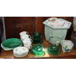 A Shelley bone china “Primrose” nineteen-piece part tea service; a ditto ashtray; four moulded green