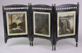 A late 19th century ebonised & carved wooden frame three-fold dwarf draught scene inset “Niagra