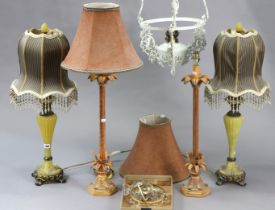 Three pairs of table lamp bases; two pairs with shades; & two ceiling light fittings.