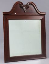 A mahogany-frame rectangular wall mirror with a swan-neck surmount, & inset with a bevelled plate,