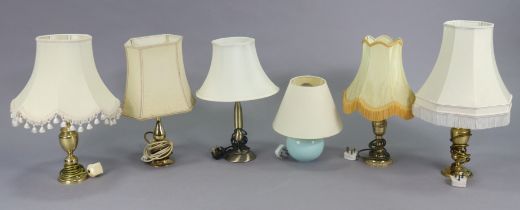 Six various table lamp bases, each with shade.